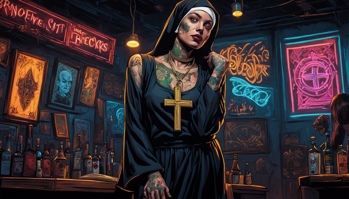 Tattooed Nun in Nightclub: Comic Book Art