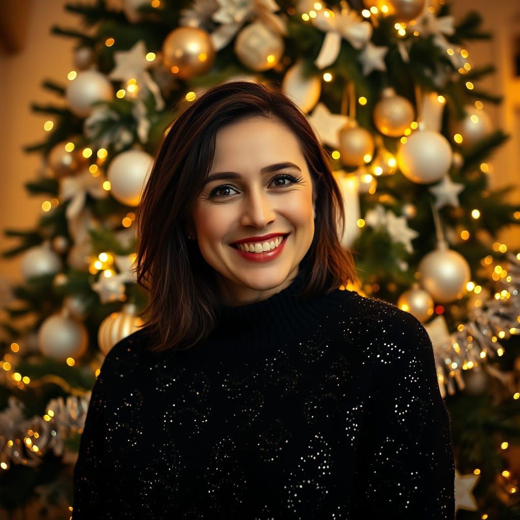 Woman in Festive Atmosphere, Christmas Tree Decorated in Whi...