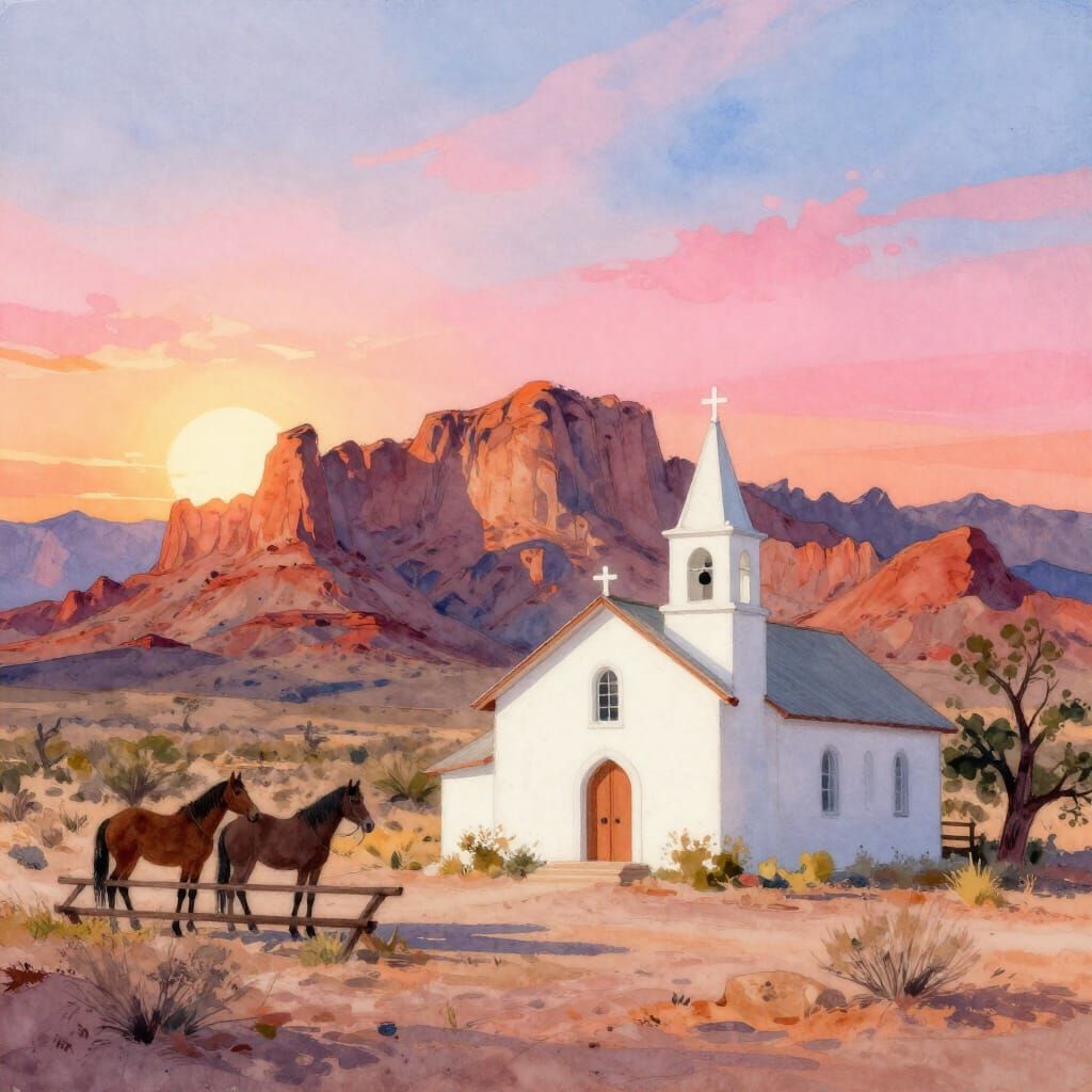 Superstition Mountains Sunrise With White Church and Horses