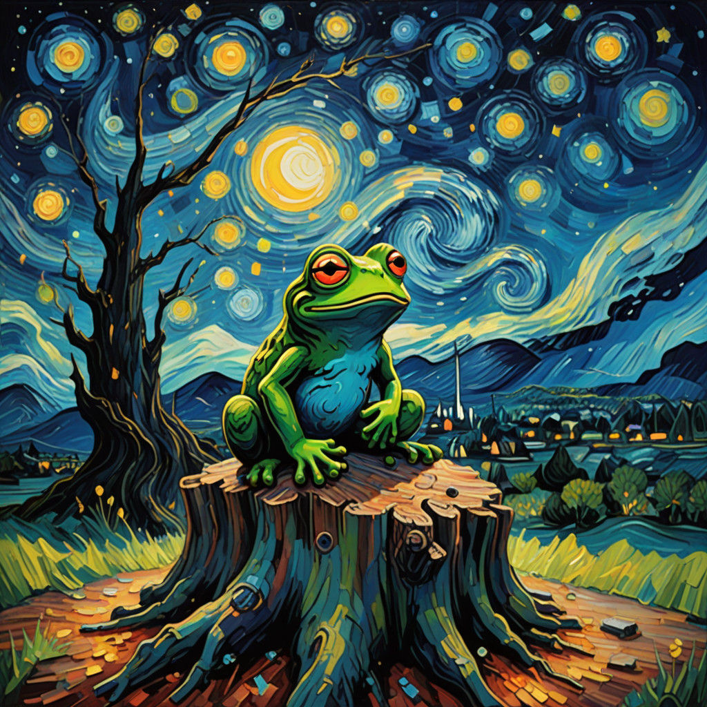 Impressionist Pepe Under Starry Night Sky