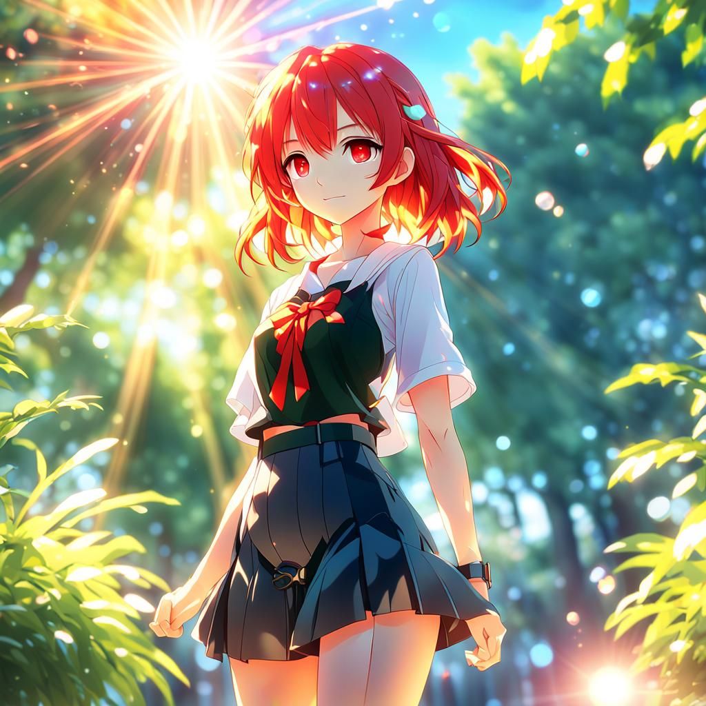 Anime Girl in Red Dress with Bokeh Effects