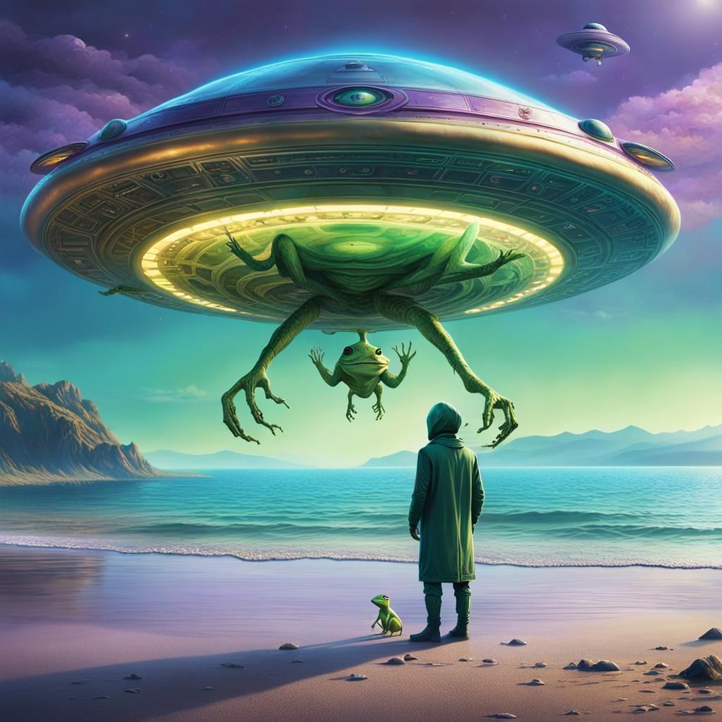 Alien Frog Man and UFO: Fantasy Concept Art