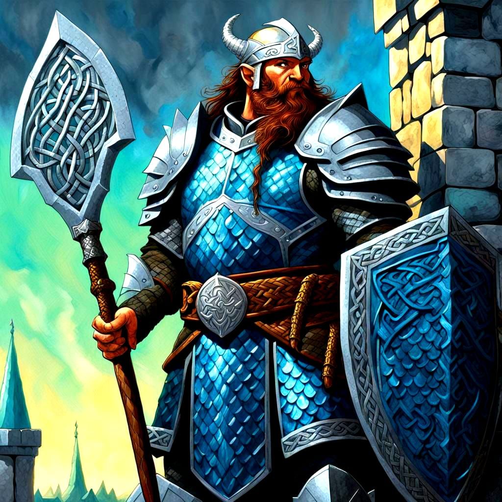 Dwarf Warrior Priest on Castle Wall in Fantasy Art