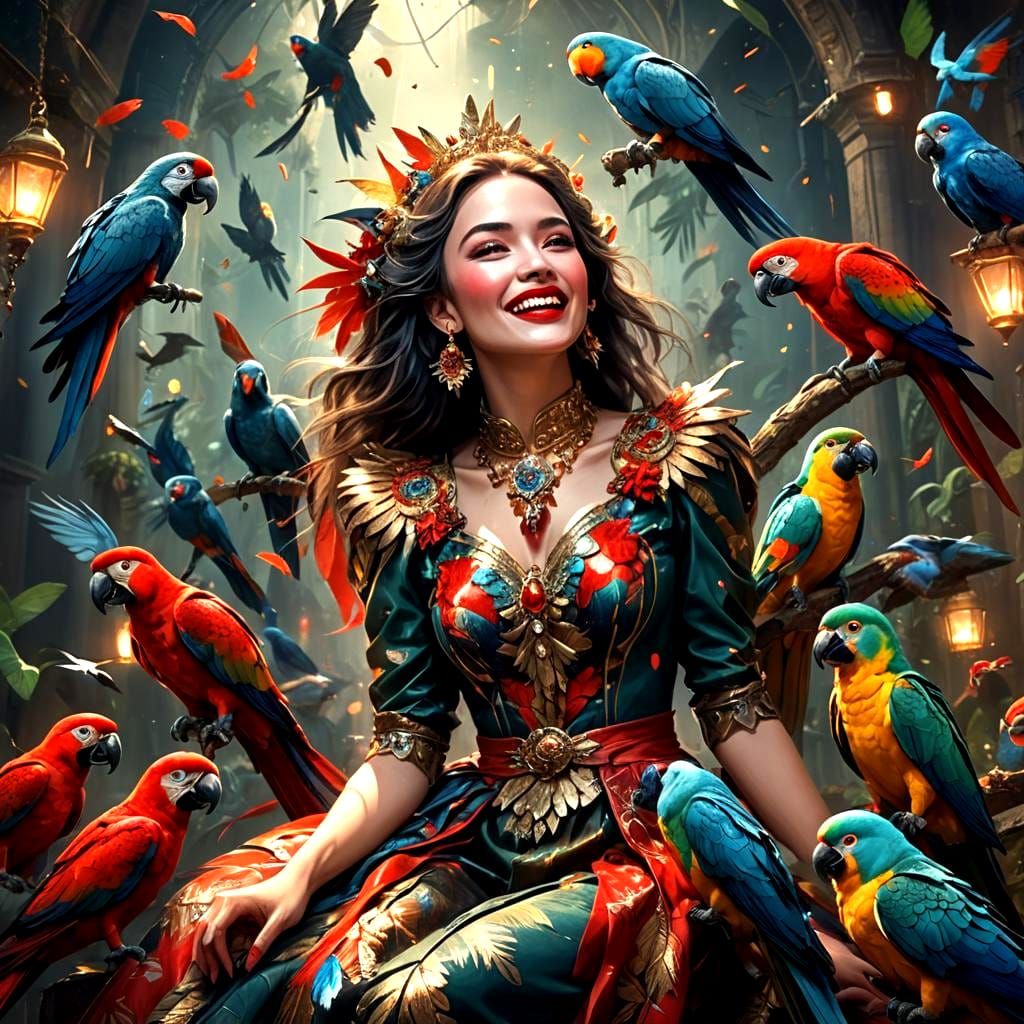 Parrots with Human Faces: Detailed Fantasy Concept Art