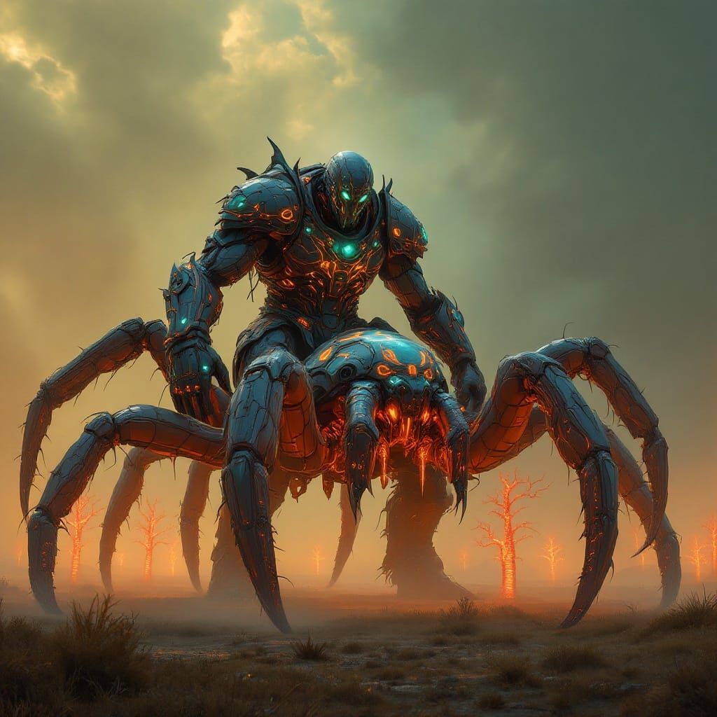 Cyberpunk Titan Rides Glowing Tarantula Amidst Electric Tree...