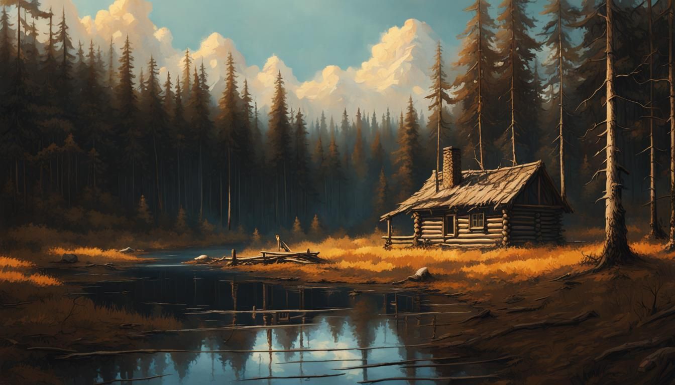 Log Cabin in Woods: Matte Painting Style