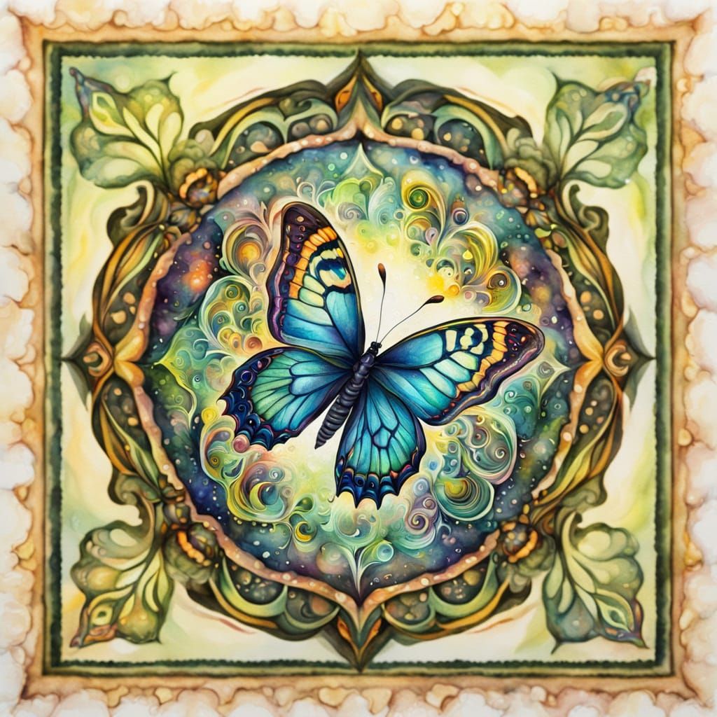 Psychedelic Butterfly with Hypnotic Wings, Watercolor Painti...