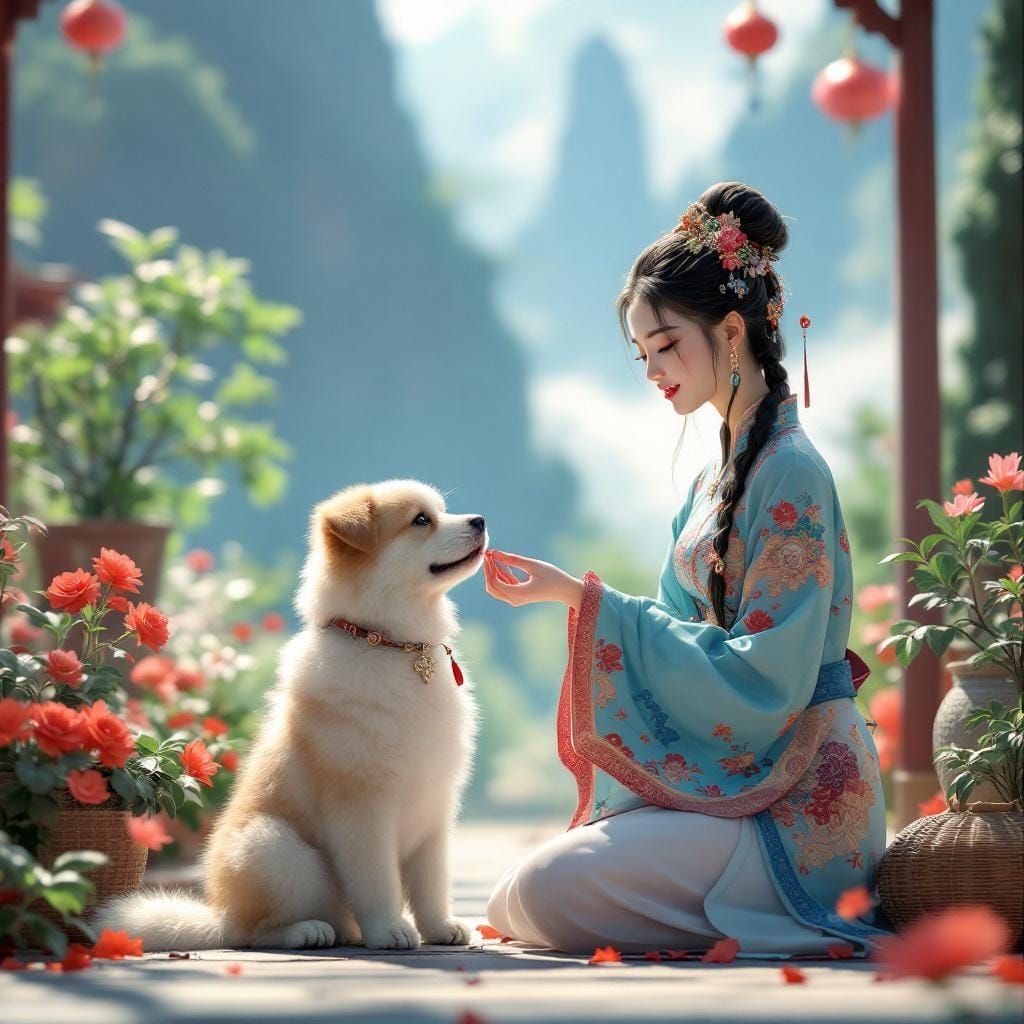 Chinese Girl Feeding Puppy, Anime-Inspired 3D Art