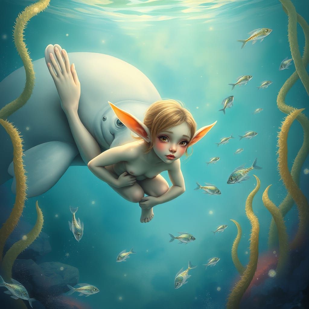 Whimsical Elf and Manatee in Ethereal Underwater Realm