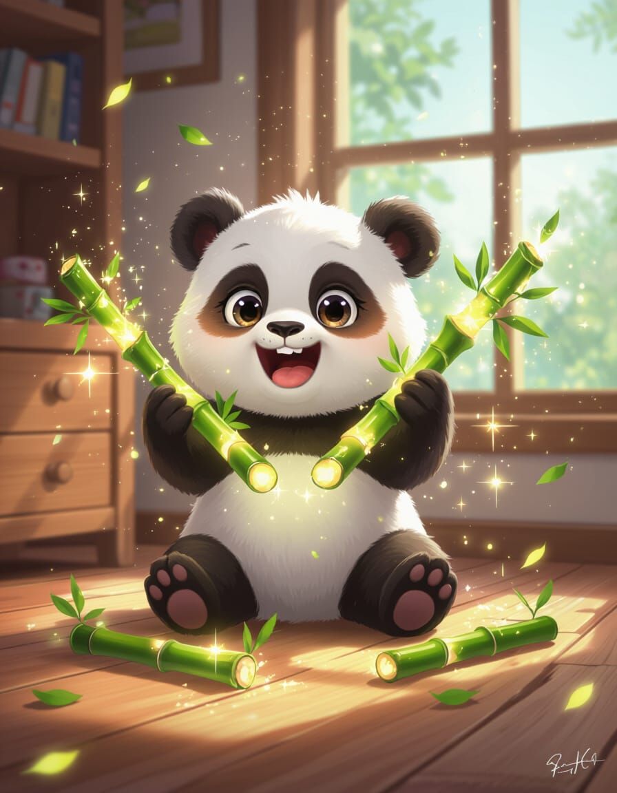 Cute Chibi Panda Plays with Magical Bamboo