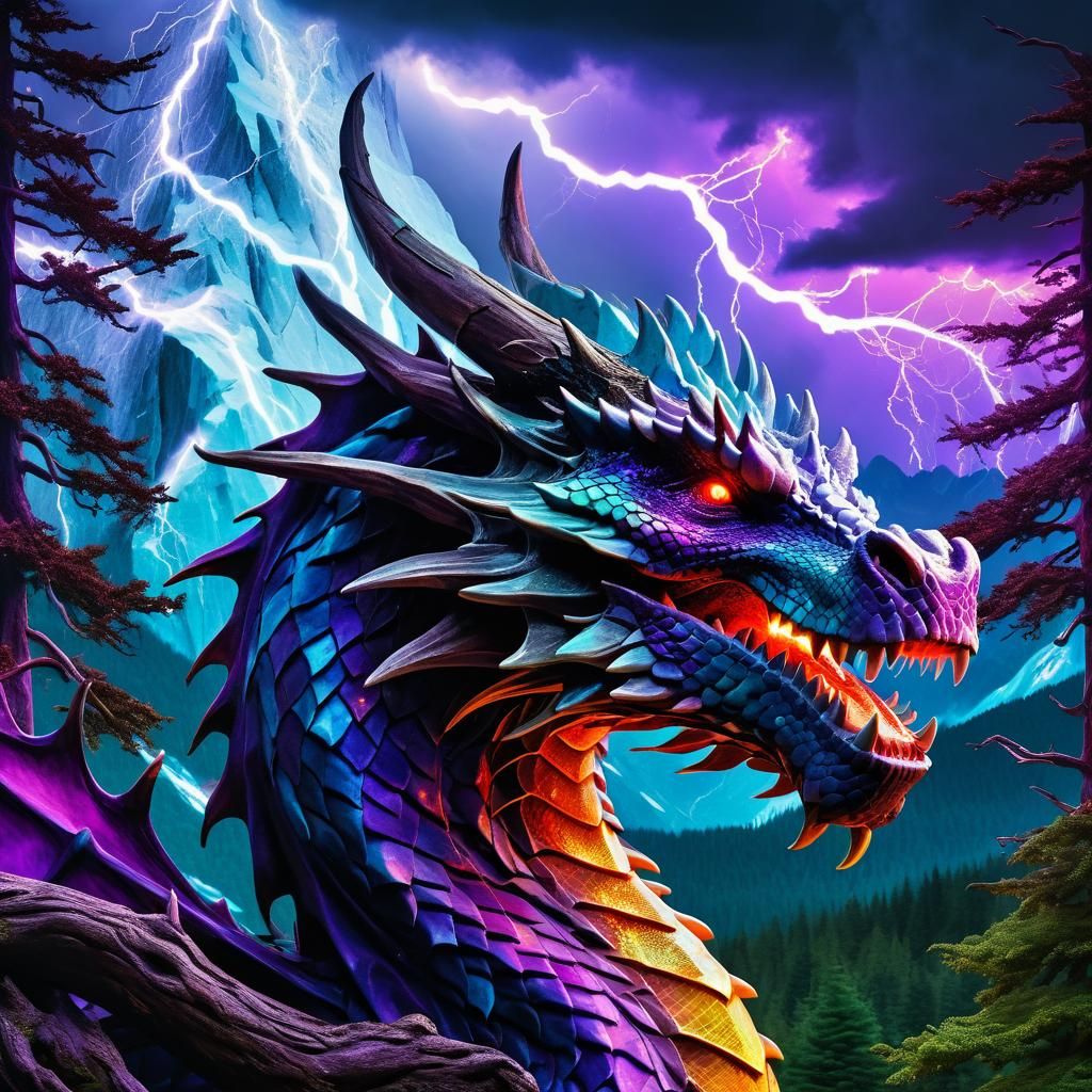 Red and Purple Dragon in Stormy Woods