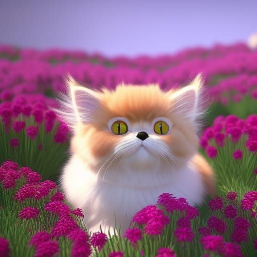 Cute Red Persian Cat in Flower Field: 3D Render