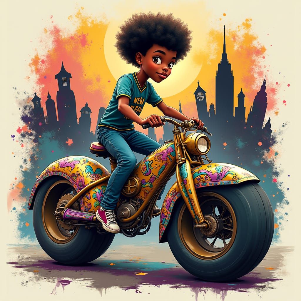 Charismatic Boy on a Vibrant New Orleans-Inspired Bicycle