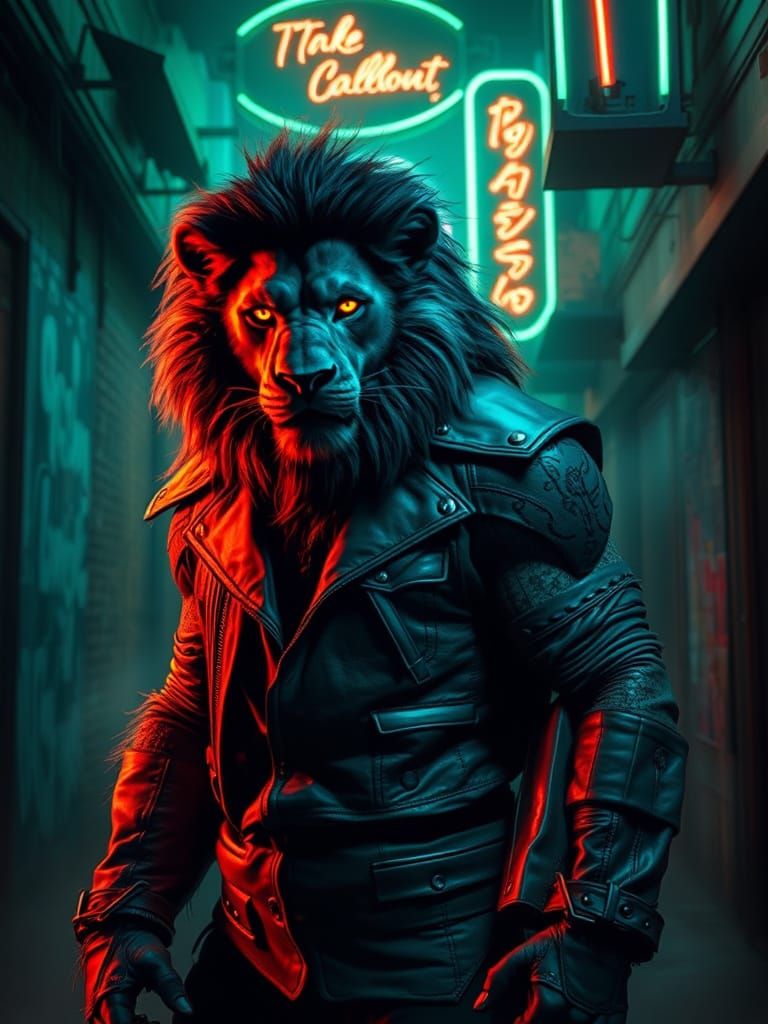 Cyberpunk Lionman in Misty Alley