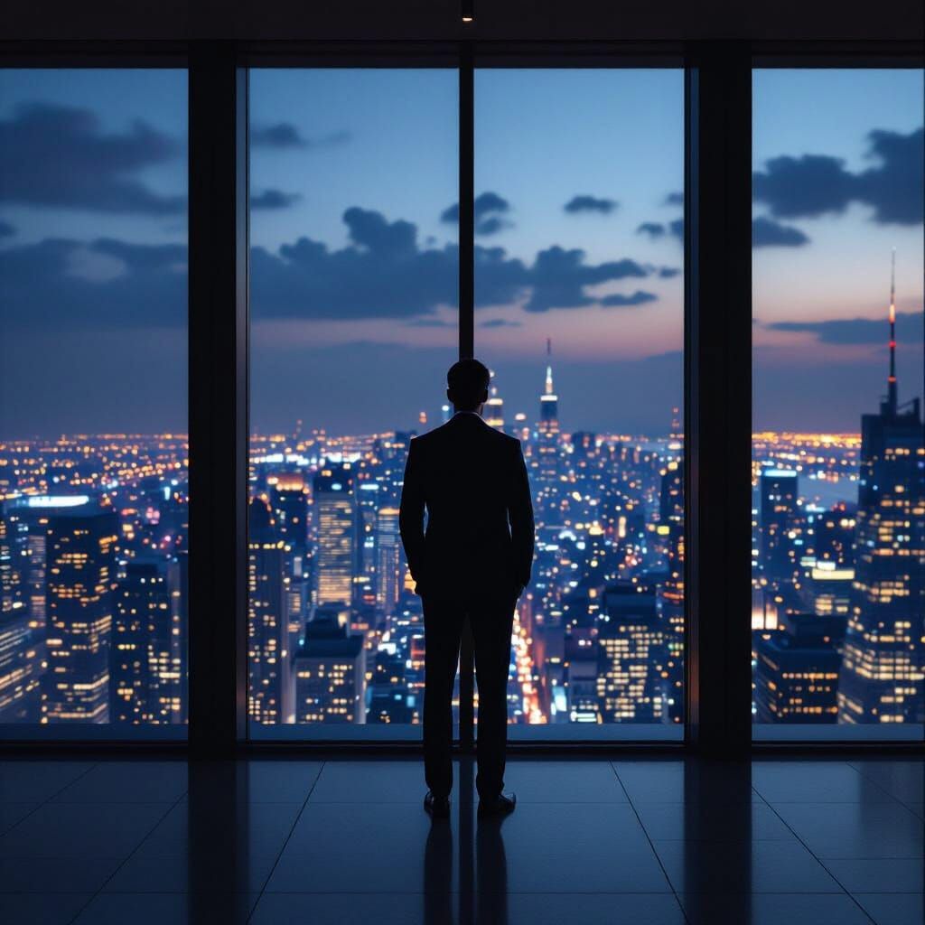 Luxury Penthouse Interior at Night with Cityscape View