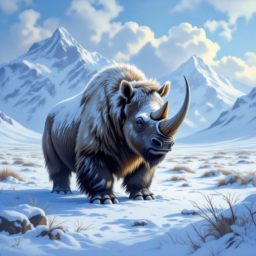 Woolly Rhino in Icy Tundra, Paleoart Style