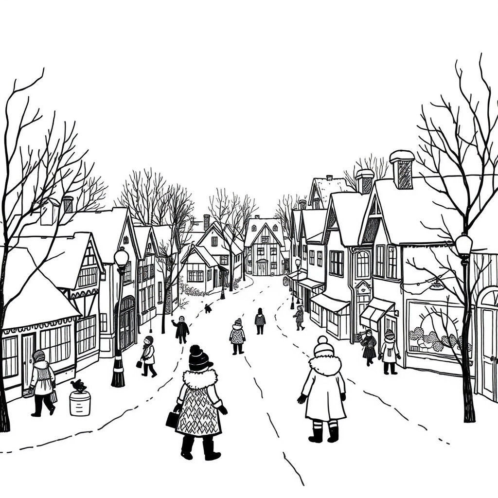 Scandinavian Winter Town Doodle in Black and White