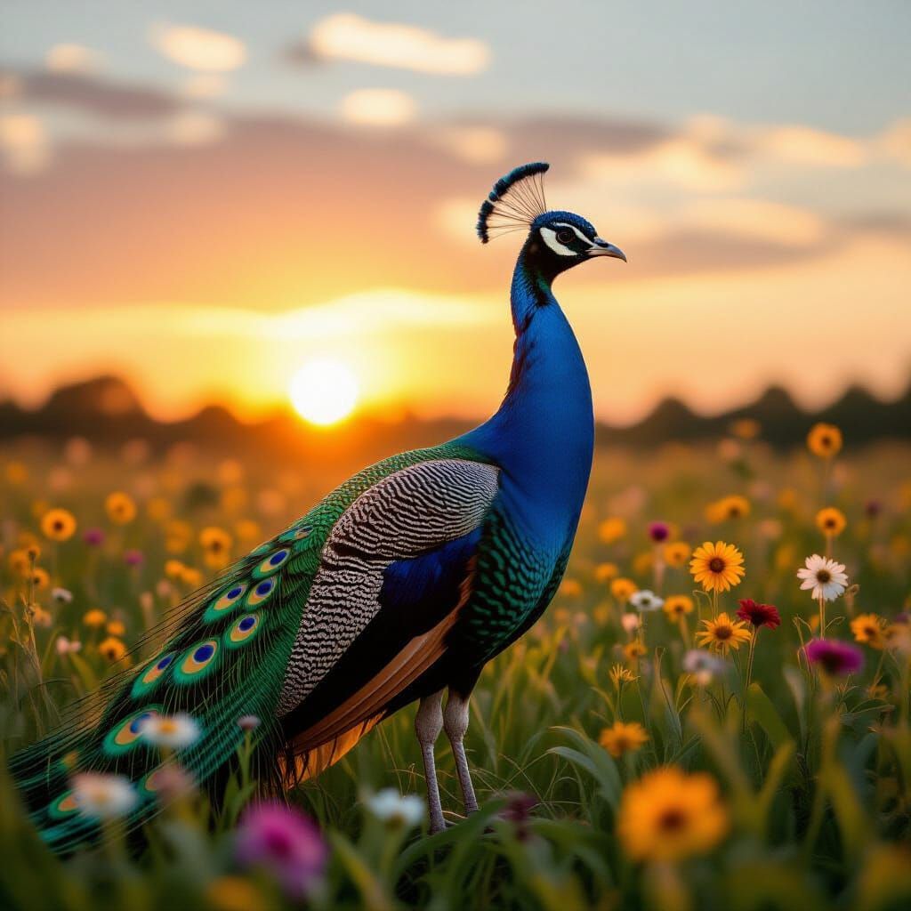Majestic Peacock in Wildflower Field at Sunset