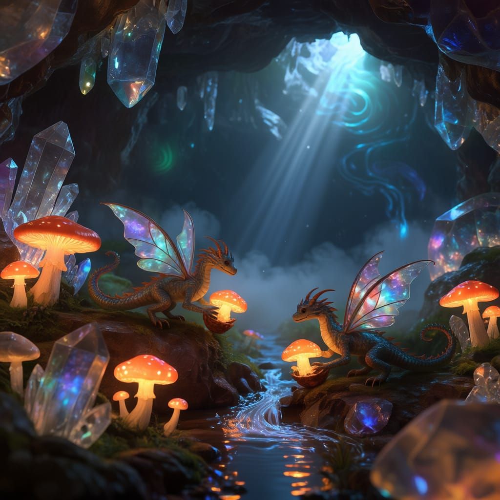 Fairy Dragons Collect Glowing Mushrooms in Gemstone Cave