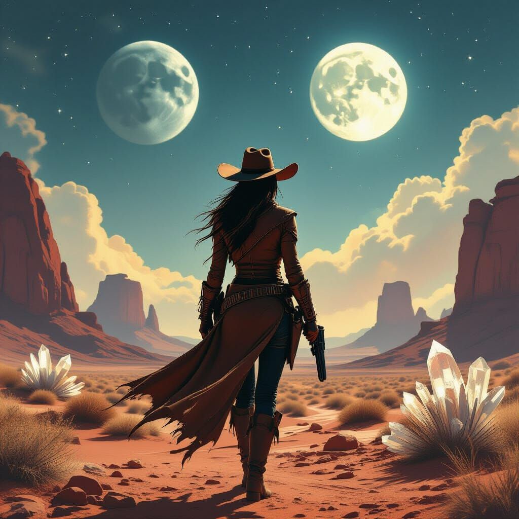 Cowgirl on Alien Planet Under Two Moons