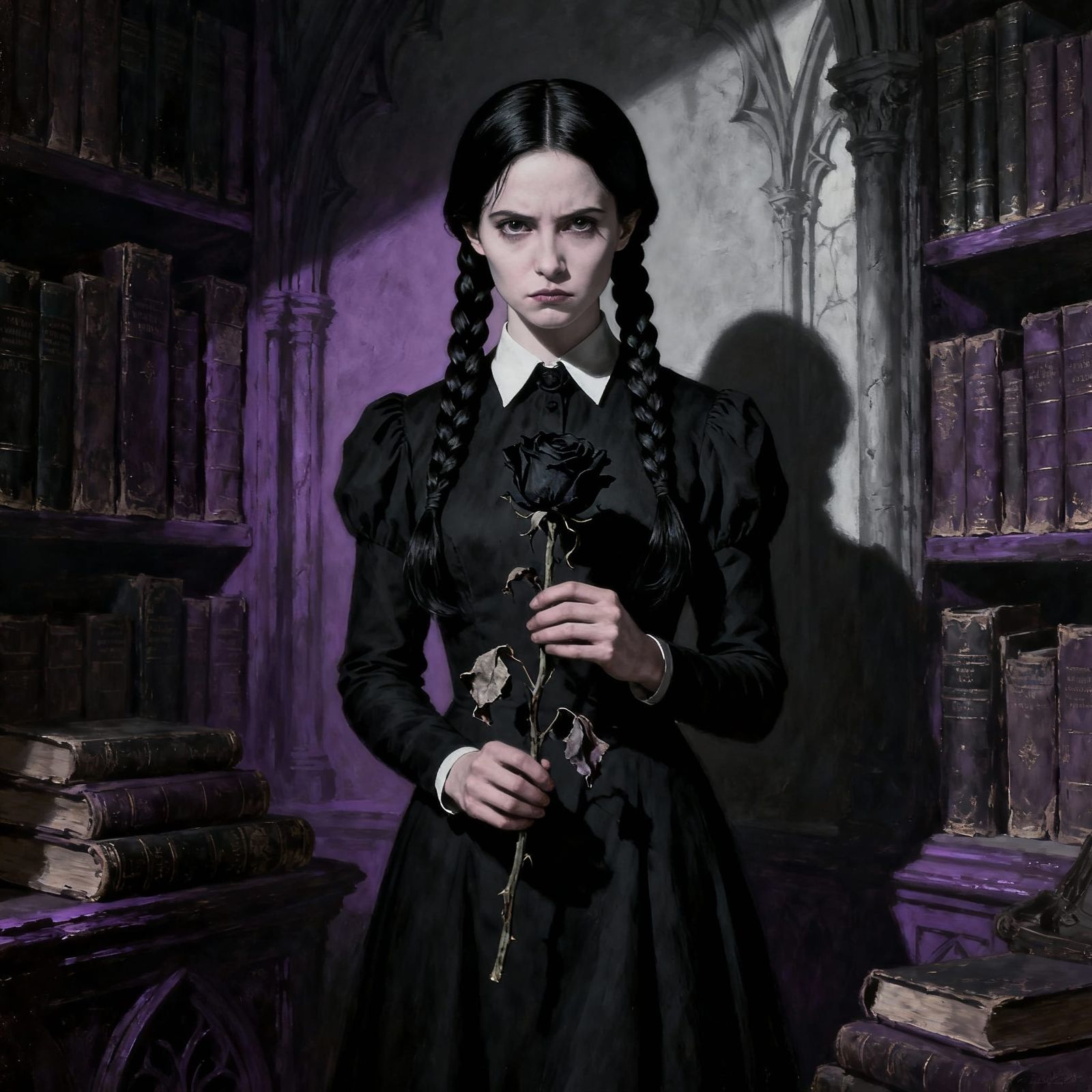 Wednesday Addams in Gothic Library, Chiaroscuro Style