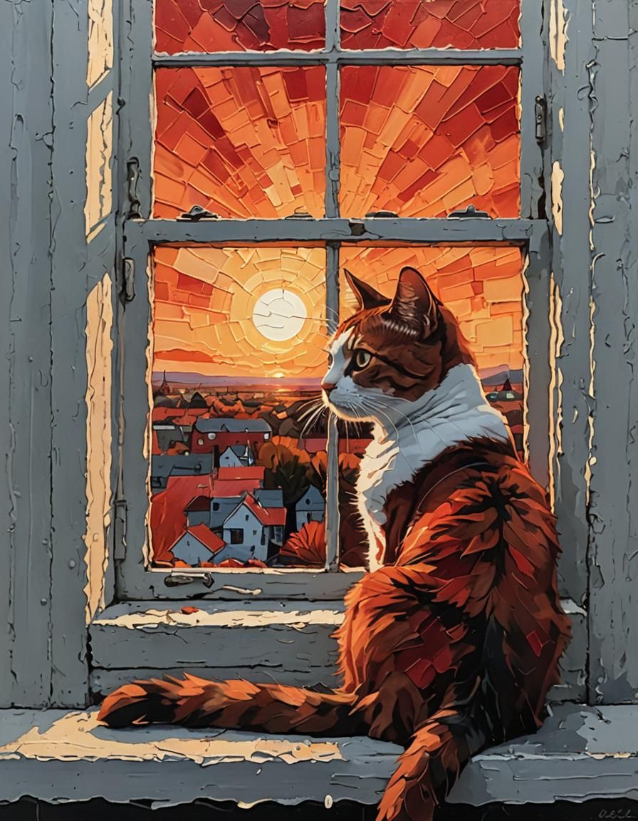 Red Monochromatic Cat Gazing at Sunset, Abstract Art