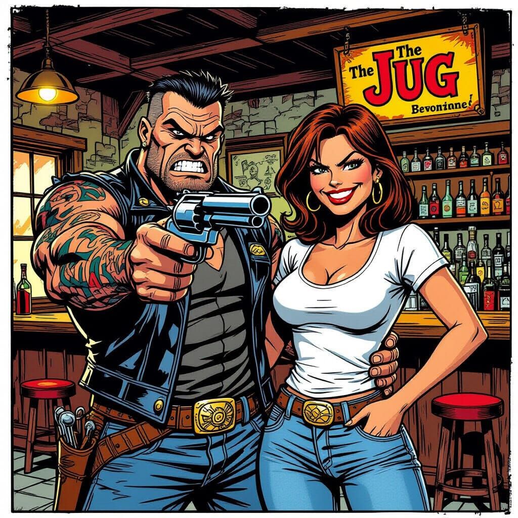 Angry Biker and Woman in Rundown Tavern Comic Art