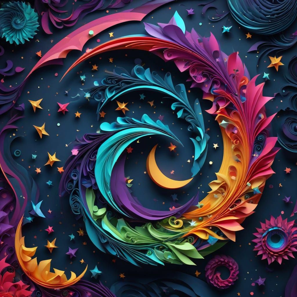 Vibrant Origami Crescent Moon in Cosmic Abstract Style