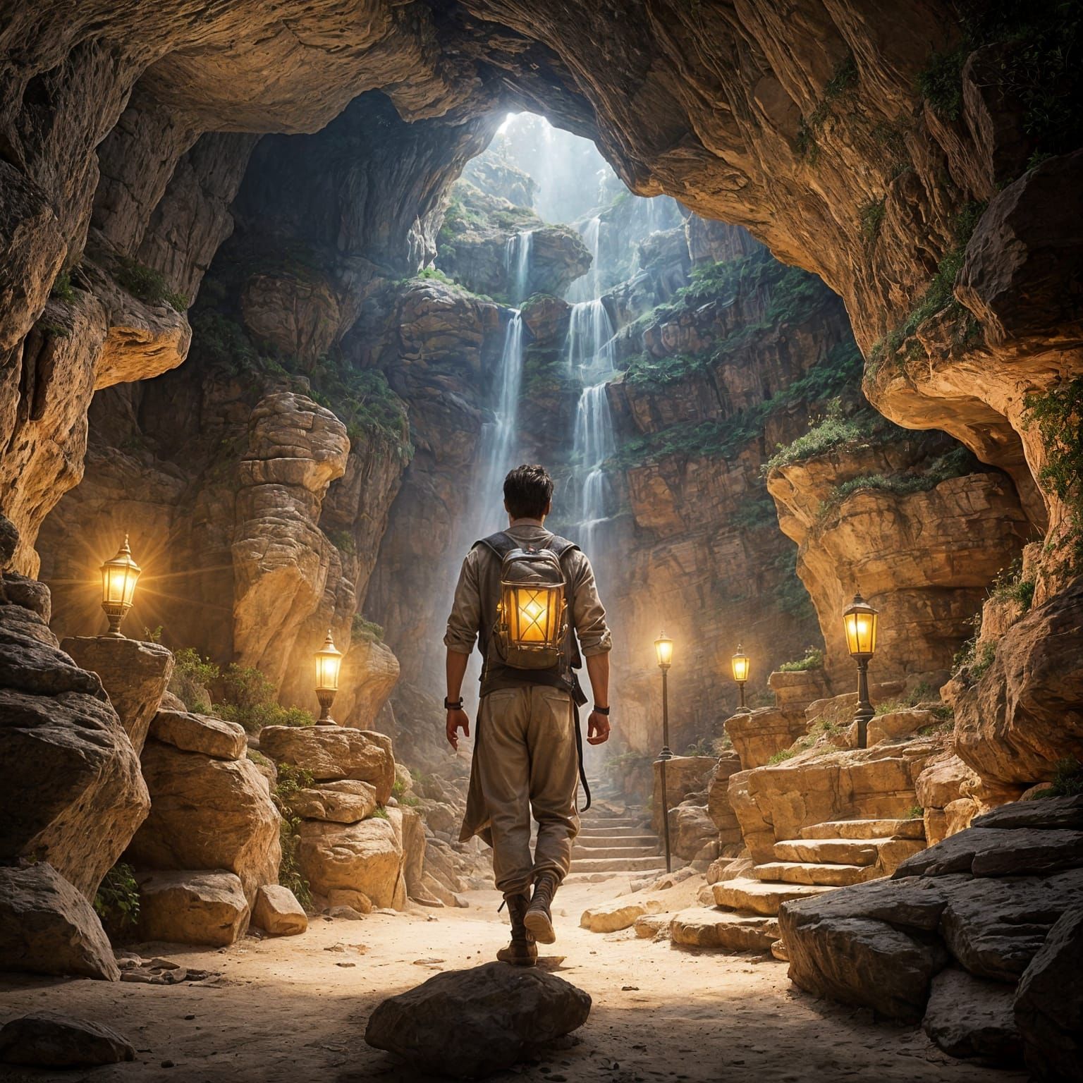 Modern Aladdin in Cave Seeking Magic Lamp