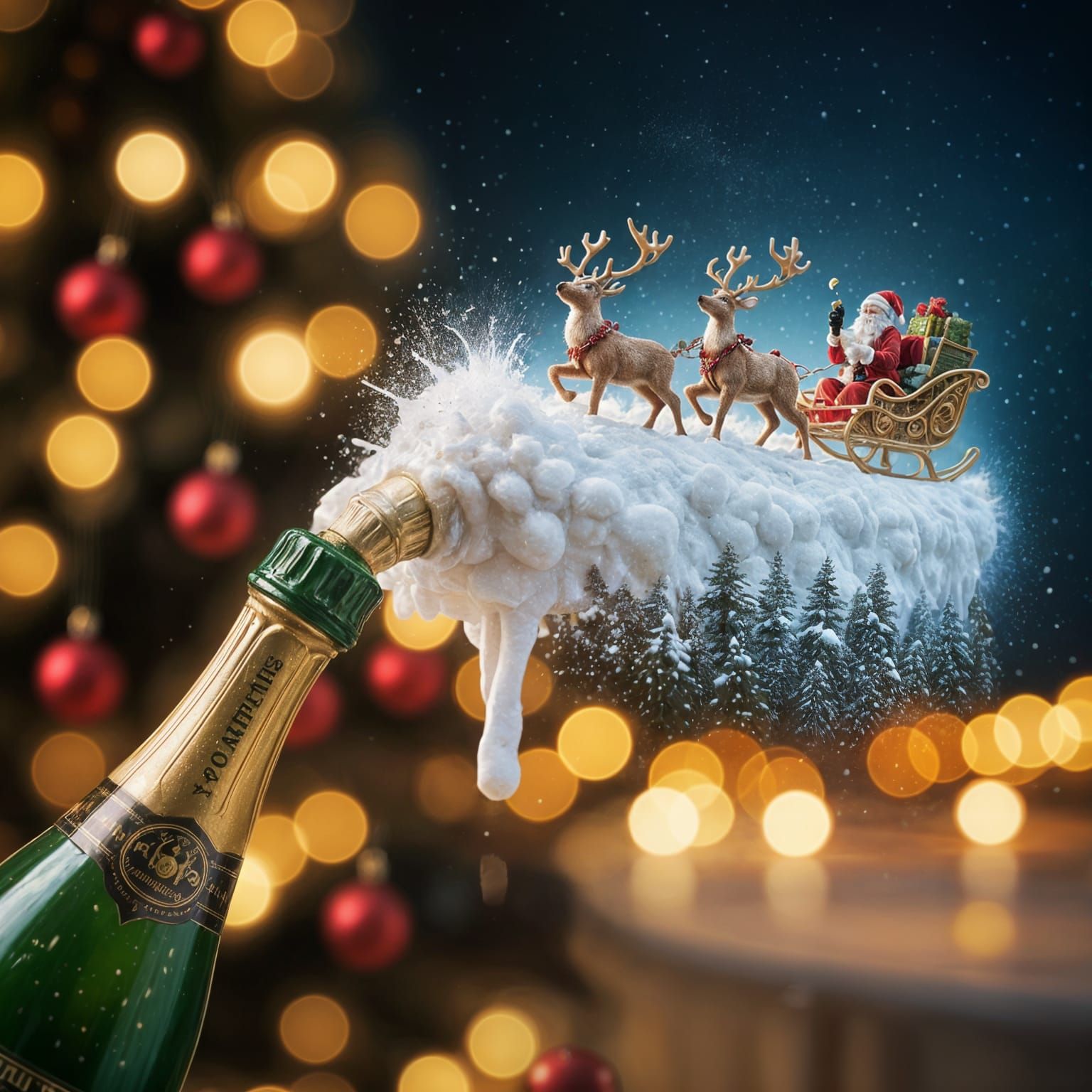 Reindeer Under Sparkling Champagne Foam in a Magical Winter...