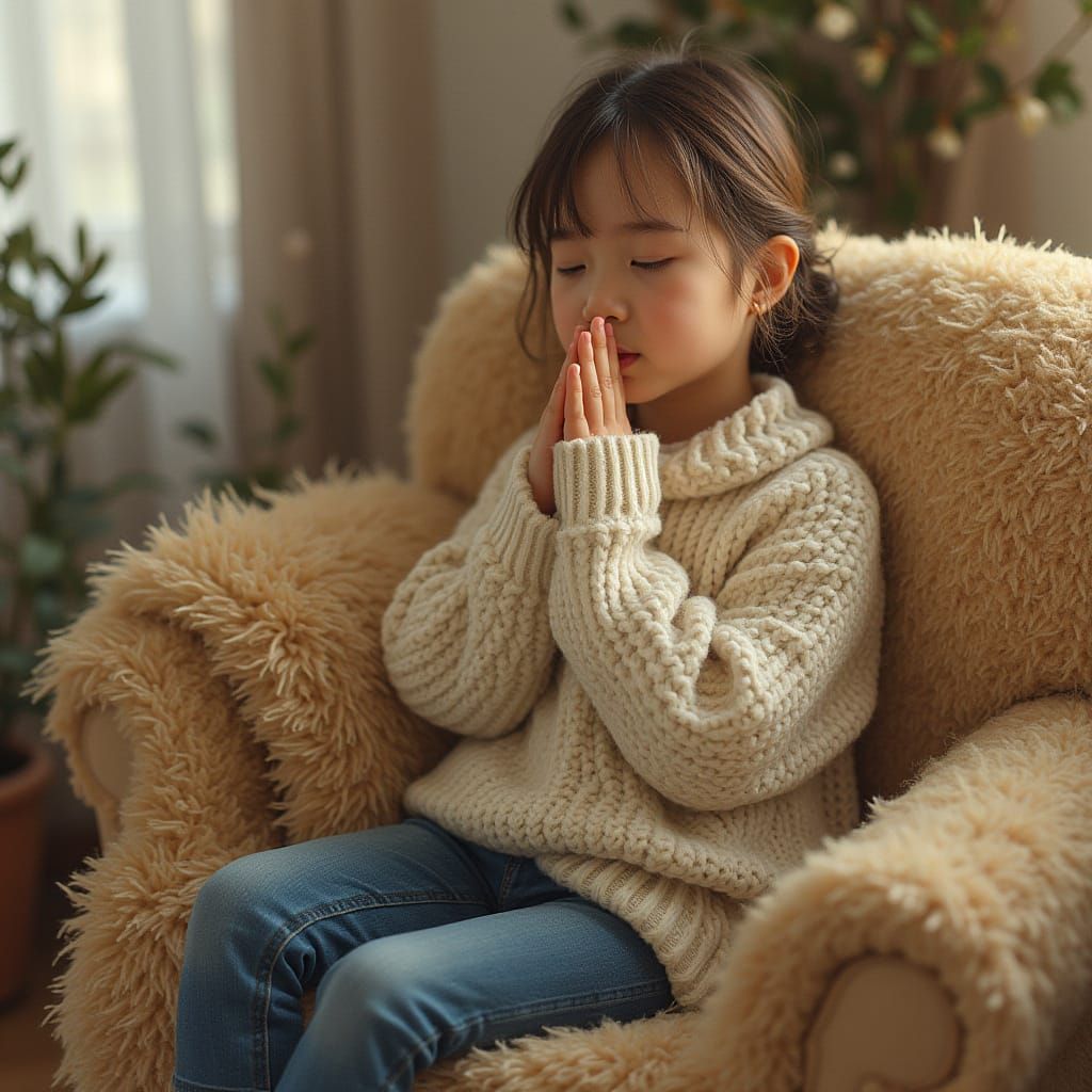Girl Taking Deep Breath in Cozy Atmosphere