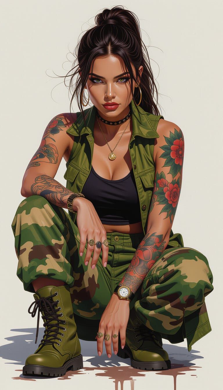 Bold Gen-Z Woman with Tattoos in Digital Painting