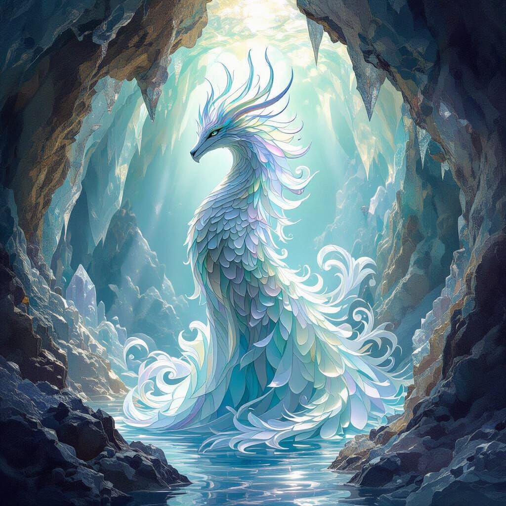Mythical Sea Glass Creature in Crystal Cavern