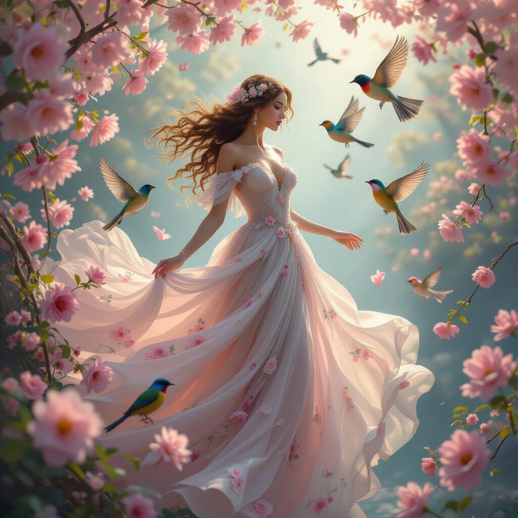 Spring Goddess Emerges From Blossom Flowers