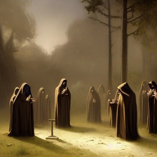 Sinister Ritual in Overgrown Graveyard, Oil Painting