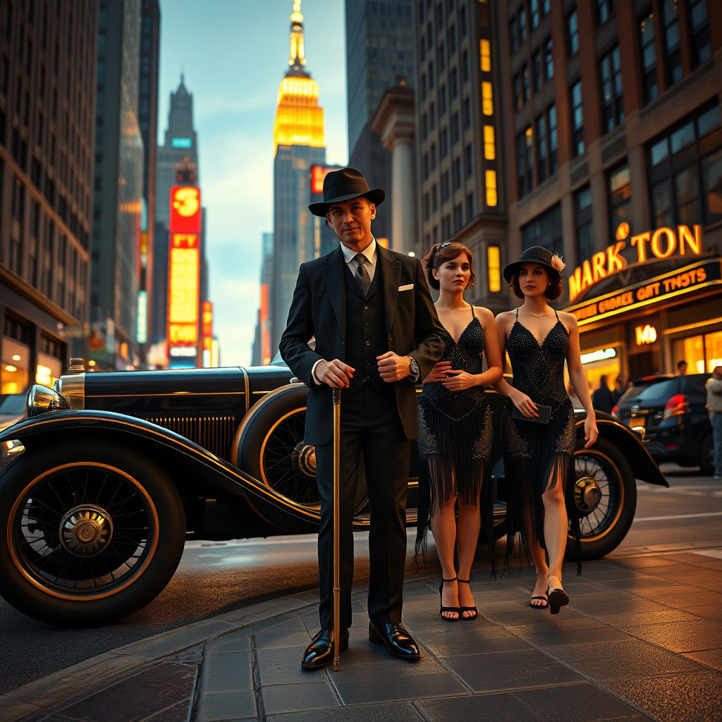 1920s Gentleman and Flappers in Art Deco Cityscape