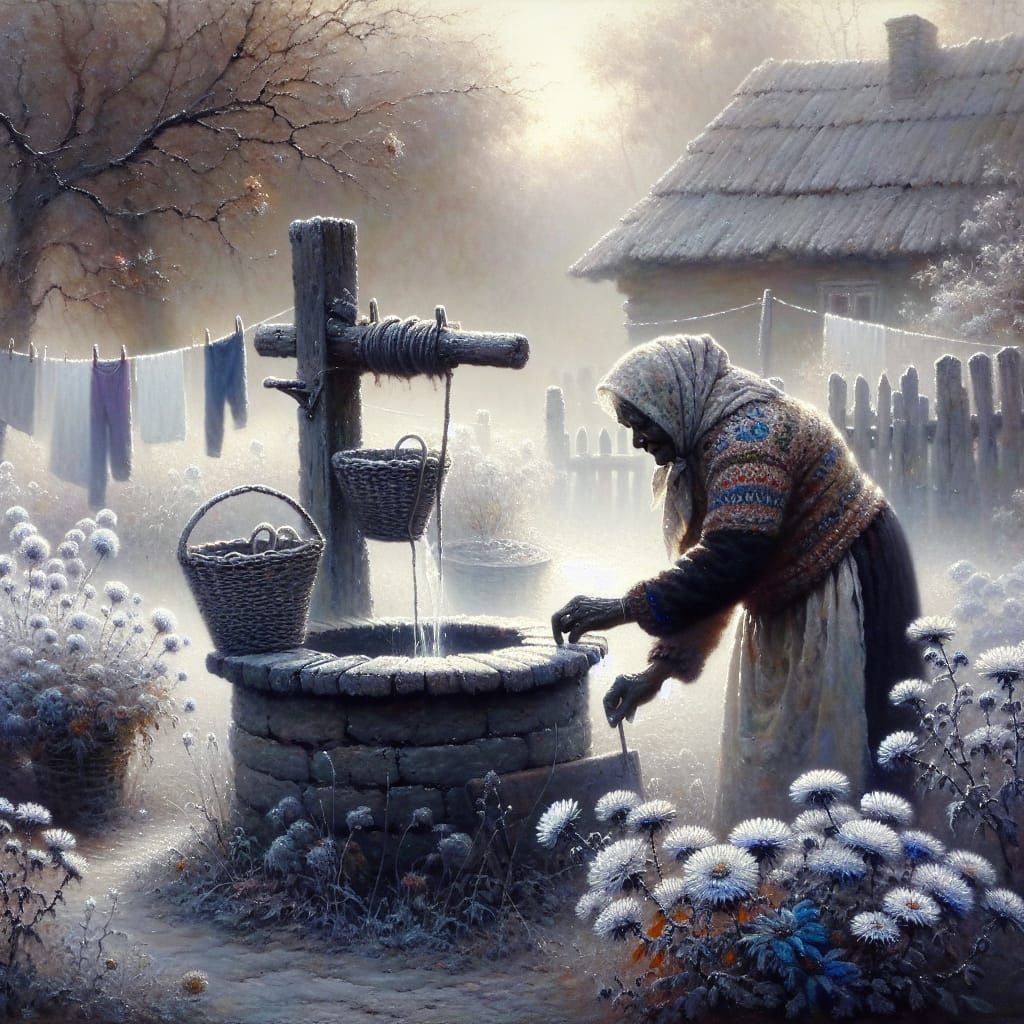 Elderly Woman at Well: Soft Focus Oil Painting