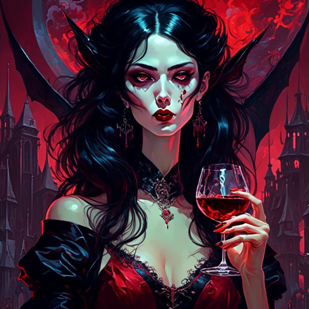 <lora:Dark fantasy:1.0> A dark haired female vampire vixen sipping on a glass of blood wine, smoking a long cigarette fu...