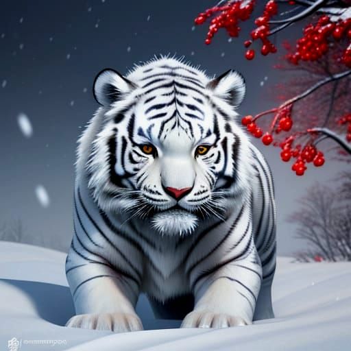 Surreal Winter Tiger Cub in Snowy Landscape with Vibrant Red...