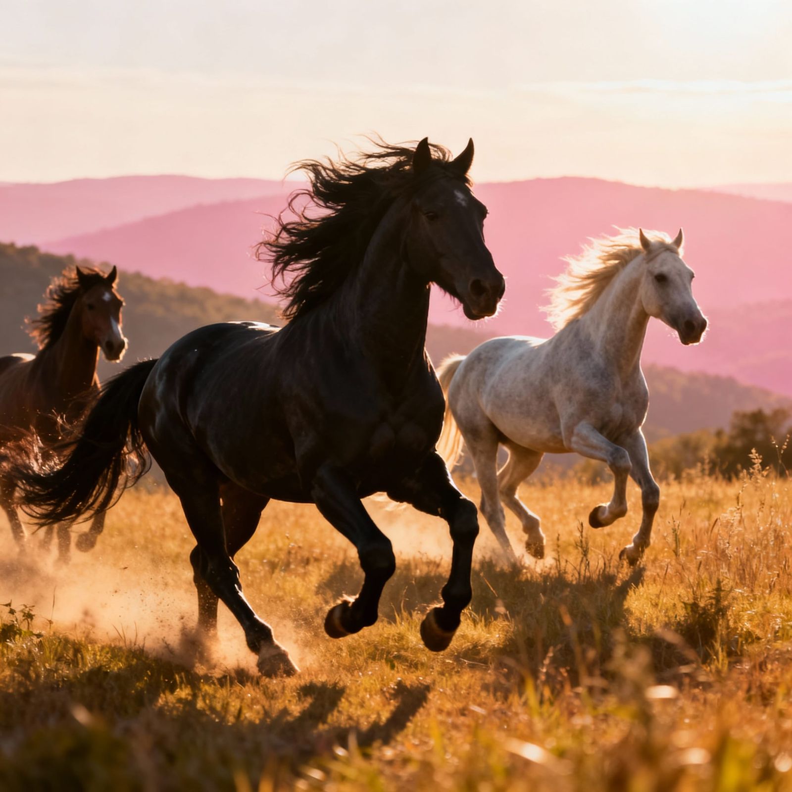 Friesian, Arabian, Andalusian Horses Gallop in Ozarks