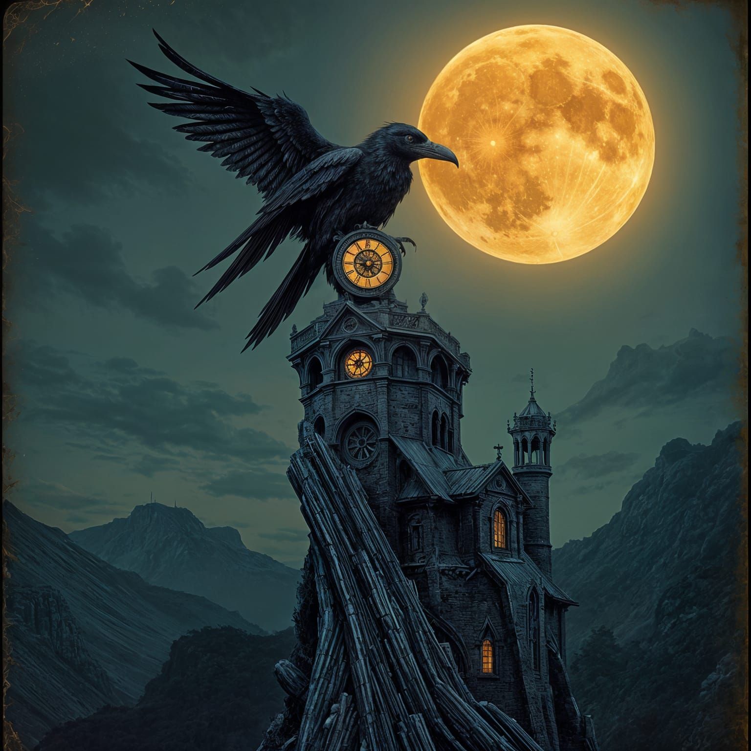 Clockwork Raven on Gothic Tower in Macabre Style