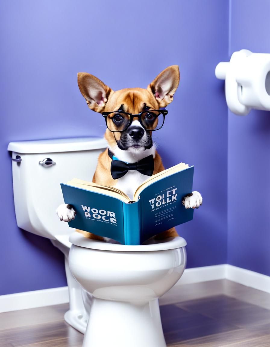Cute dog reading book on toilet