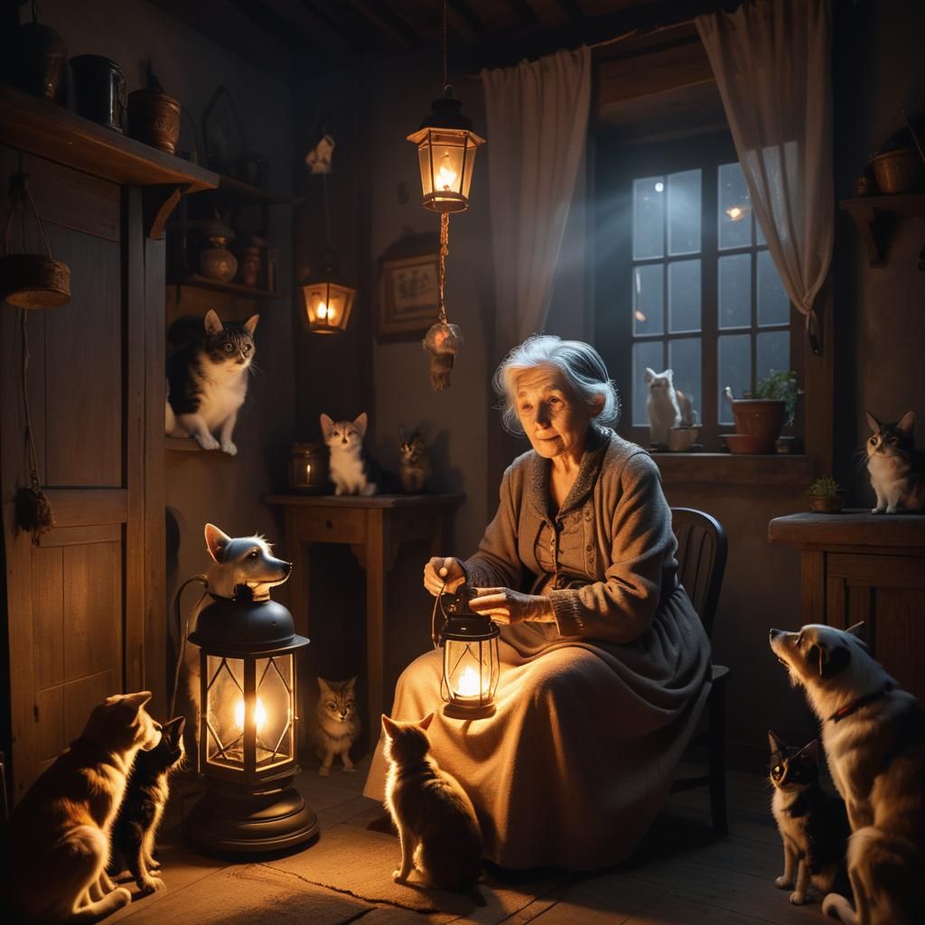Magical Companionship: An Old Woman and Her Pets