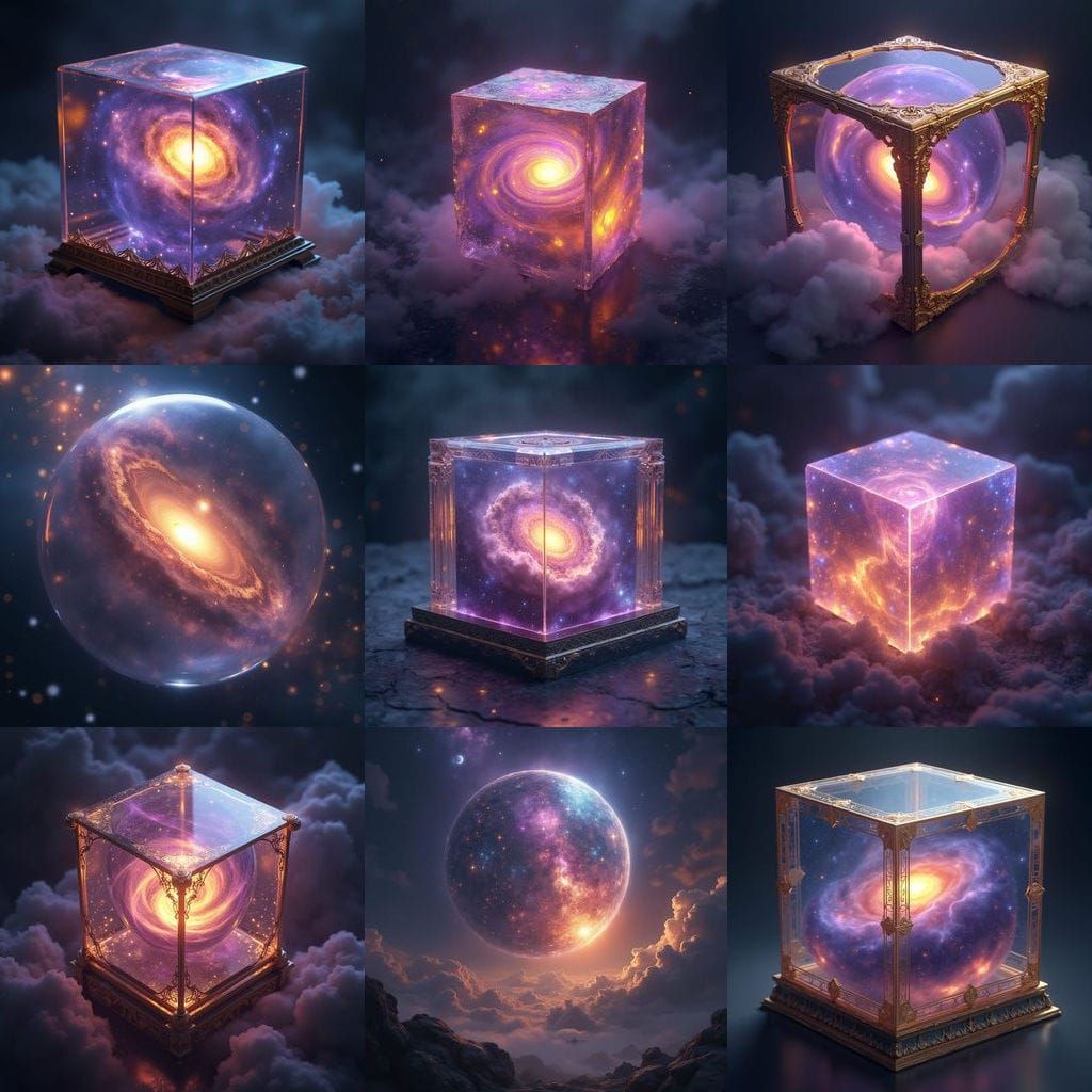 Glass Cube with Galaxy and Vibrant Nebula Clouds in Dark Fan...
