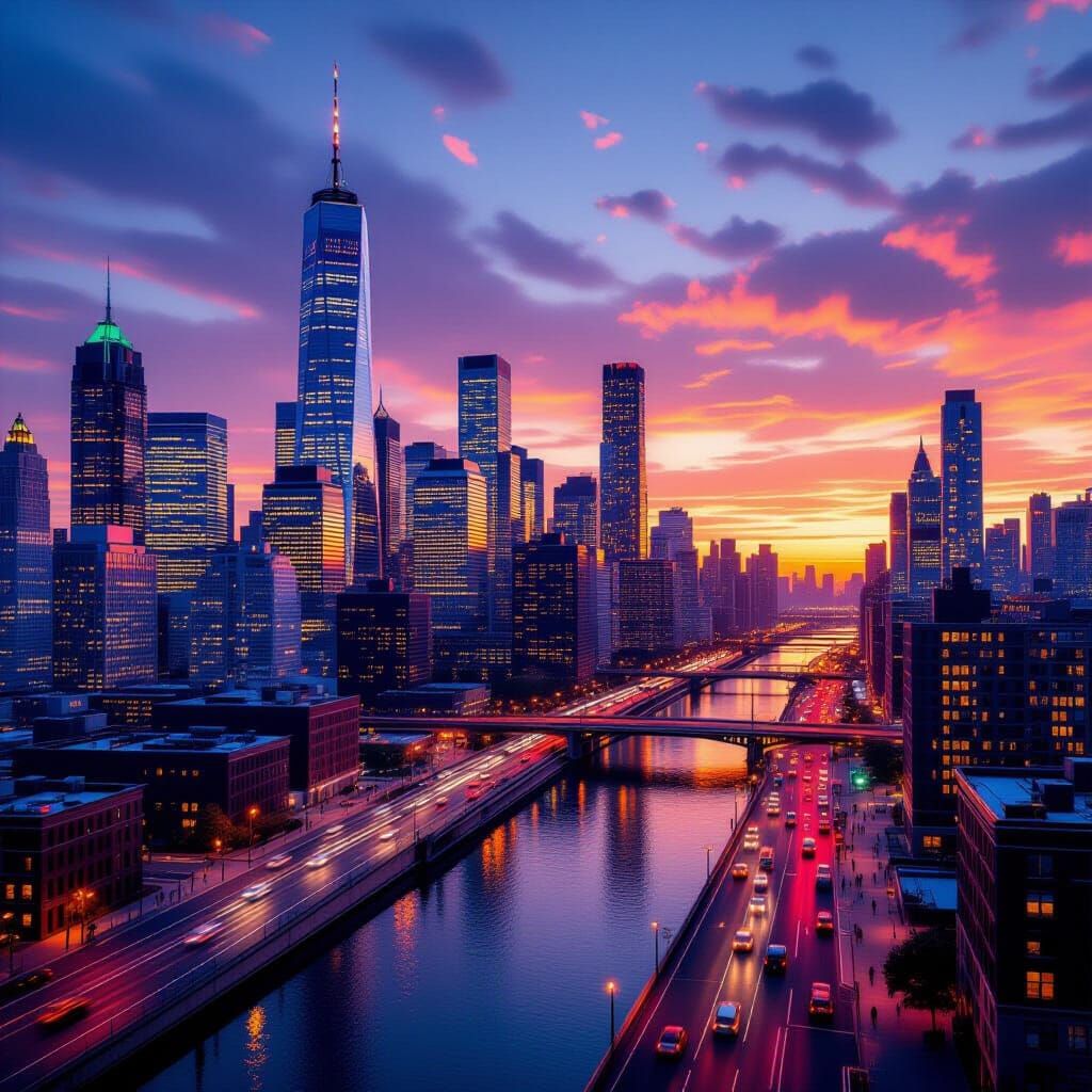 Golden Hour Urban Skyline: City Lights and River Reflections