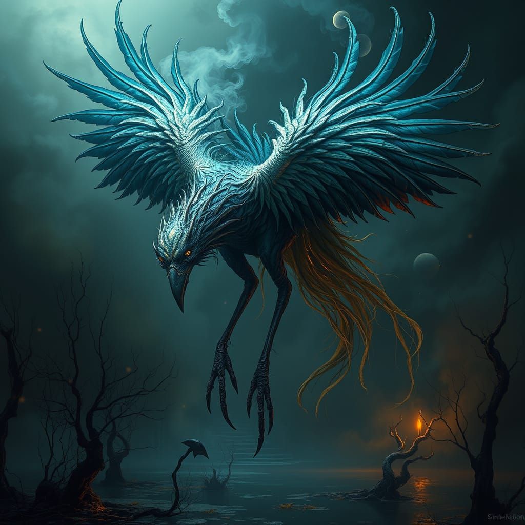 Surreal Avian Entity in Ethereal Swamp