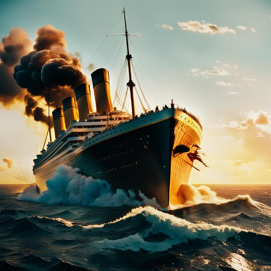 Titanic Sinking at Sunset: Cinematic Film Still