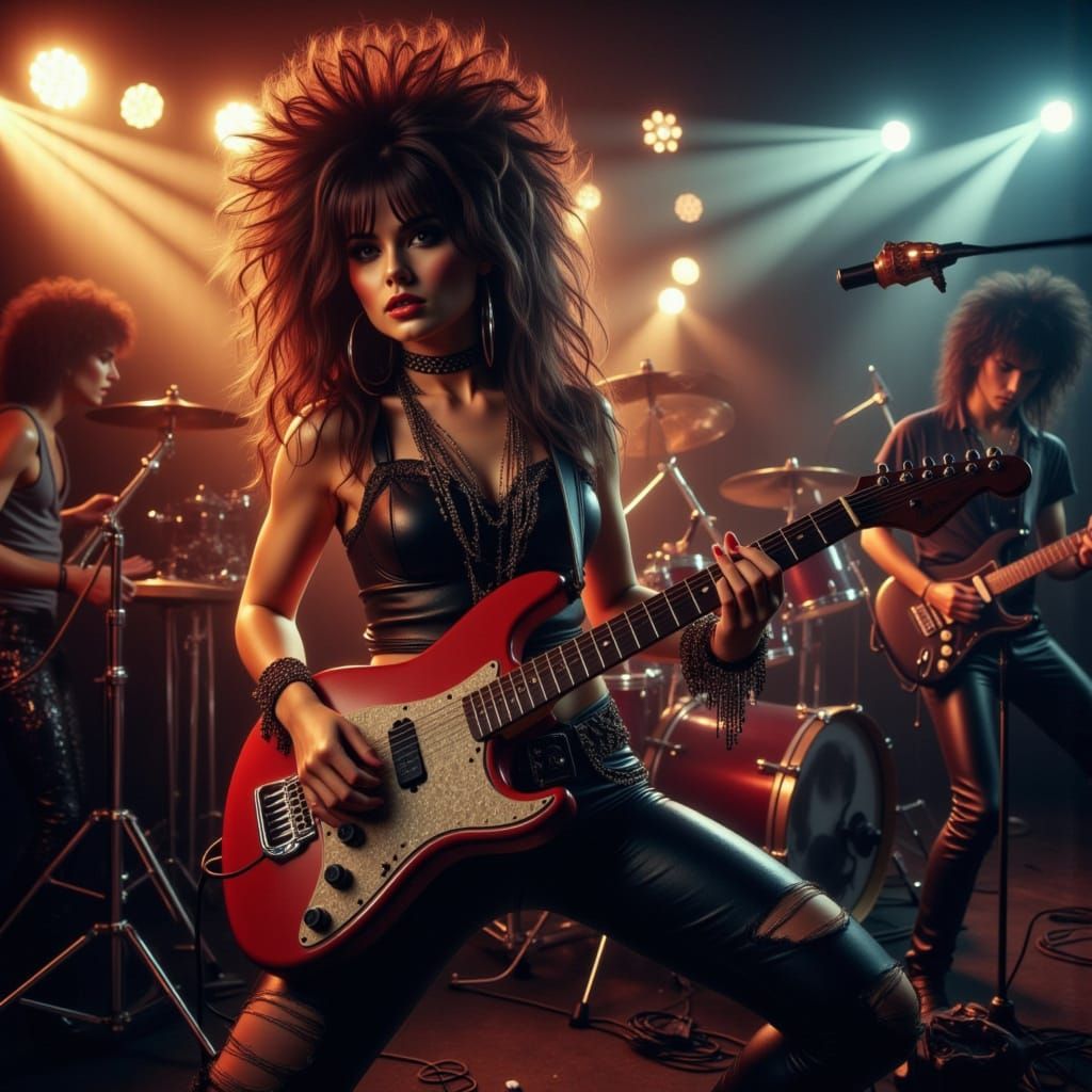 1980s Female Rockstar Playing Electric Guitar