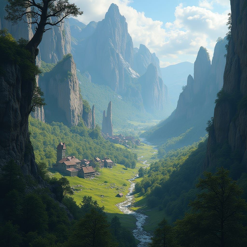 Enchanted Valley of Ancient Wonders in Vibrant Fantasy Style