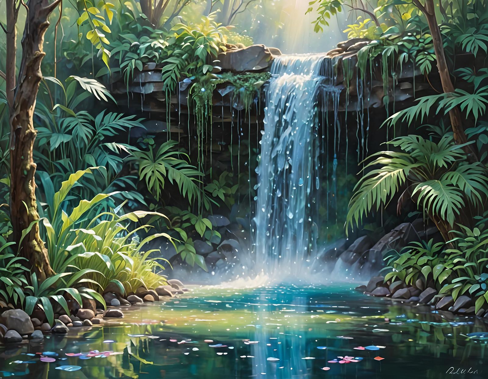 Ethereal Waterfall Oil Painting with Iridescent Light